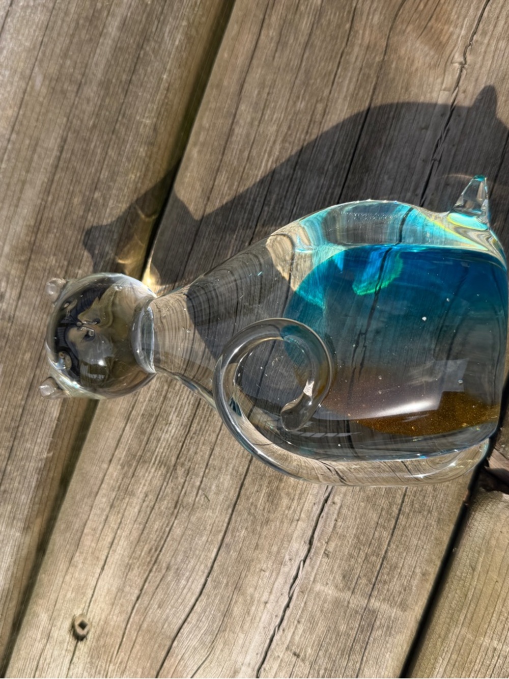 Art Glass Cat Figurine Blue Amber Controlled Bubble Hand Blown Style - Picture 9 of 9